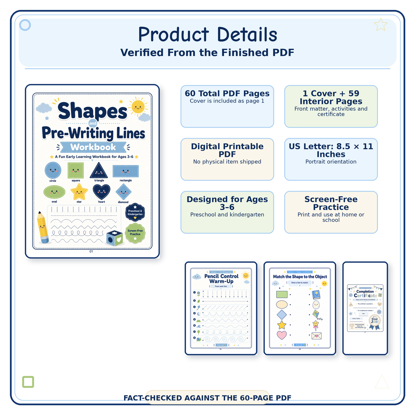 Shapes & Pre-Writing Lines Workbook | 60 Printable Tracing, Pencil Control & Shape Recognition Activities for Ages 3–6