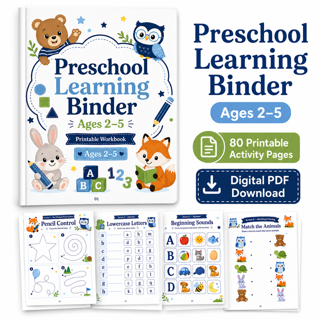 Preschool Learning Binder Ages 2–5 | 80 Printable Toddler Activities, ABC Tracing, Numbers, Shapes, Matching & Fine Motor Skills