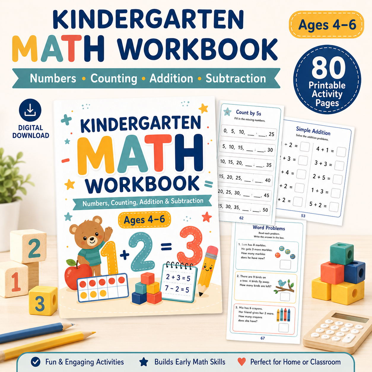 Kindergarten Math Workbook Ages 4–6 | Numbers, Counting, Addition & Subtraction Printable PDF