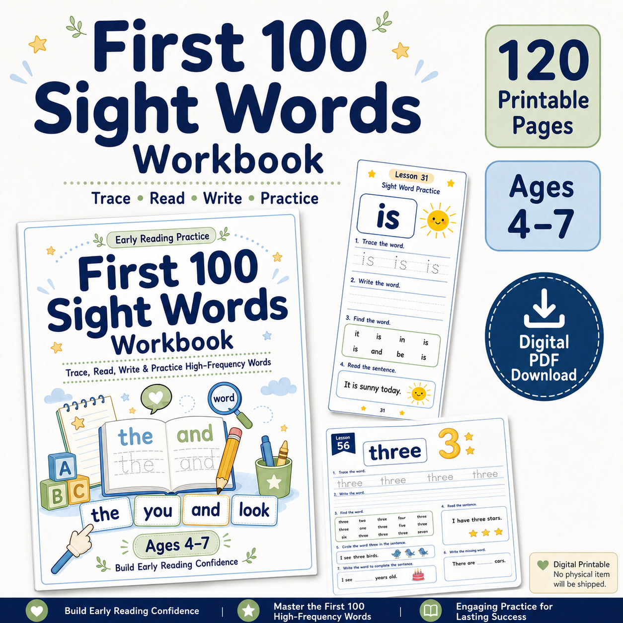 First 100 Sight Words Workbook | 120 Printable Tracing, Reading, Writing & High-Frequency Word Activities for Ages 4–7