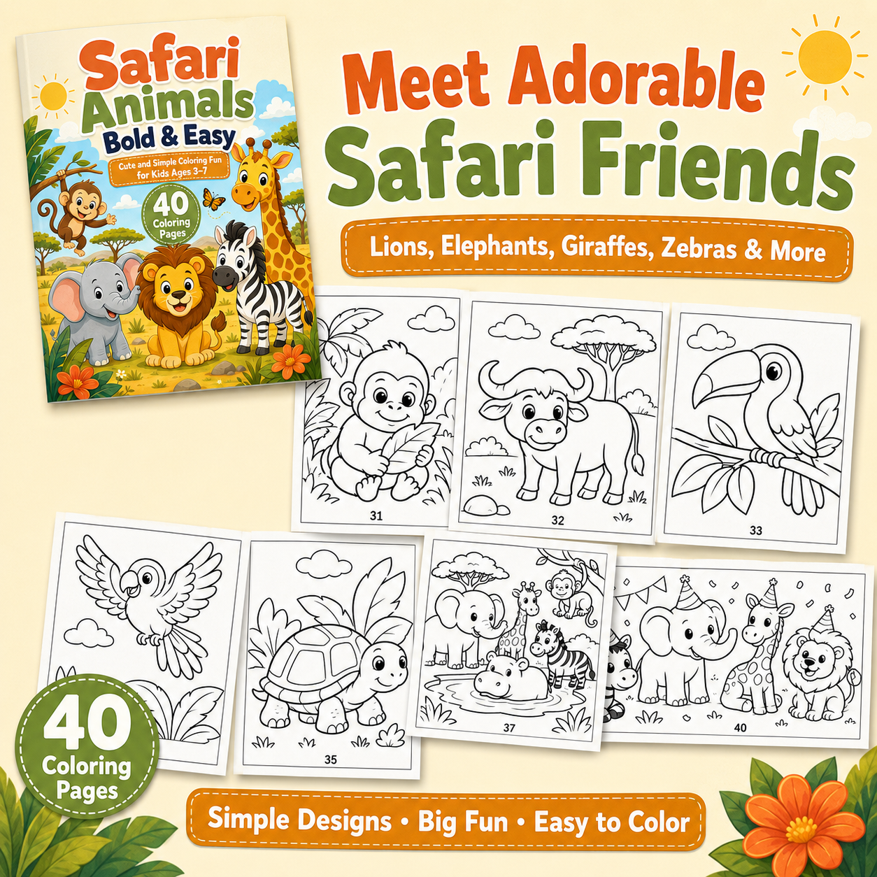 Safari Animals Bold & Easy Coloring Book for Kids Ages 3–7 | 40 Printable Safari Coloring Pages