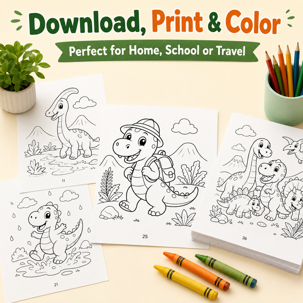 Cute Dinosaur Adventures Coloring Book for Kids Ages 3–7 | 40 Printable Dinosaur Coloring Pages
