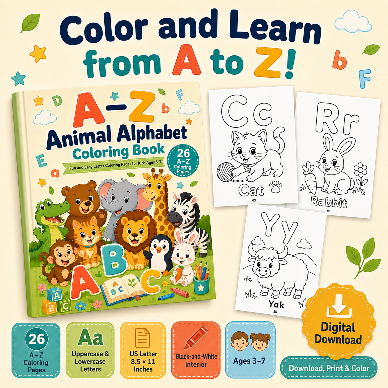 A–Z Animal Alphabet Coloring Book for Kids Ages 3–7