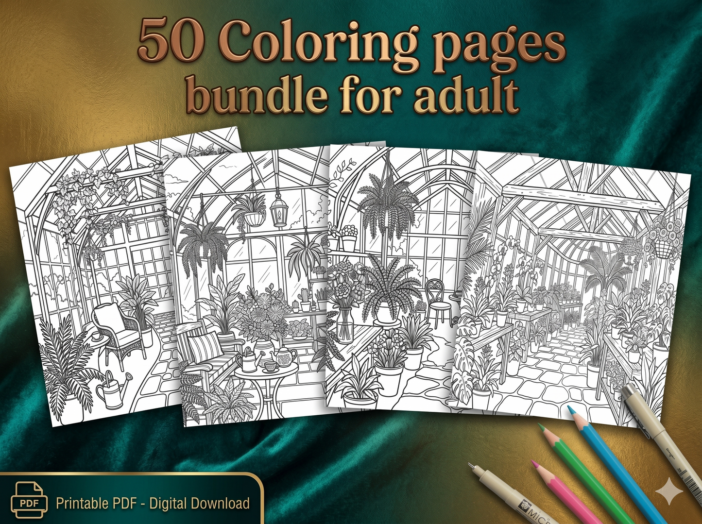 50 Greenhouse Plant Coloring Pages PDF | Printable Botanical Adult Coloring Book