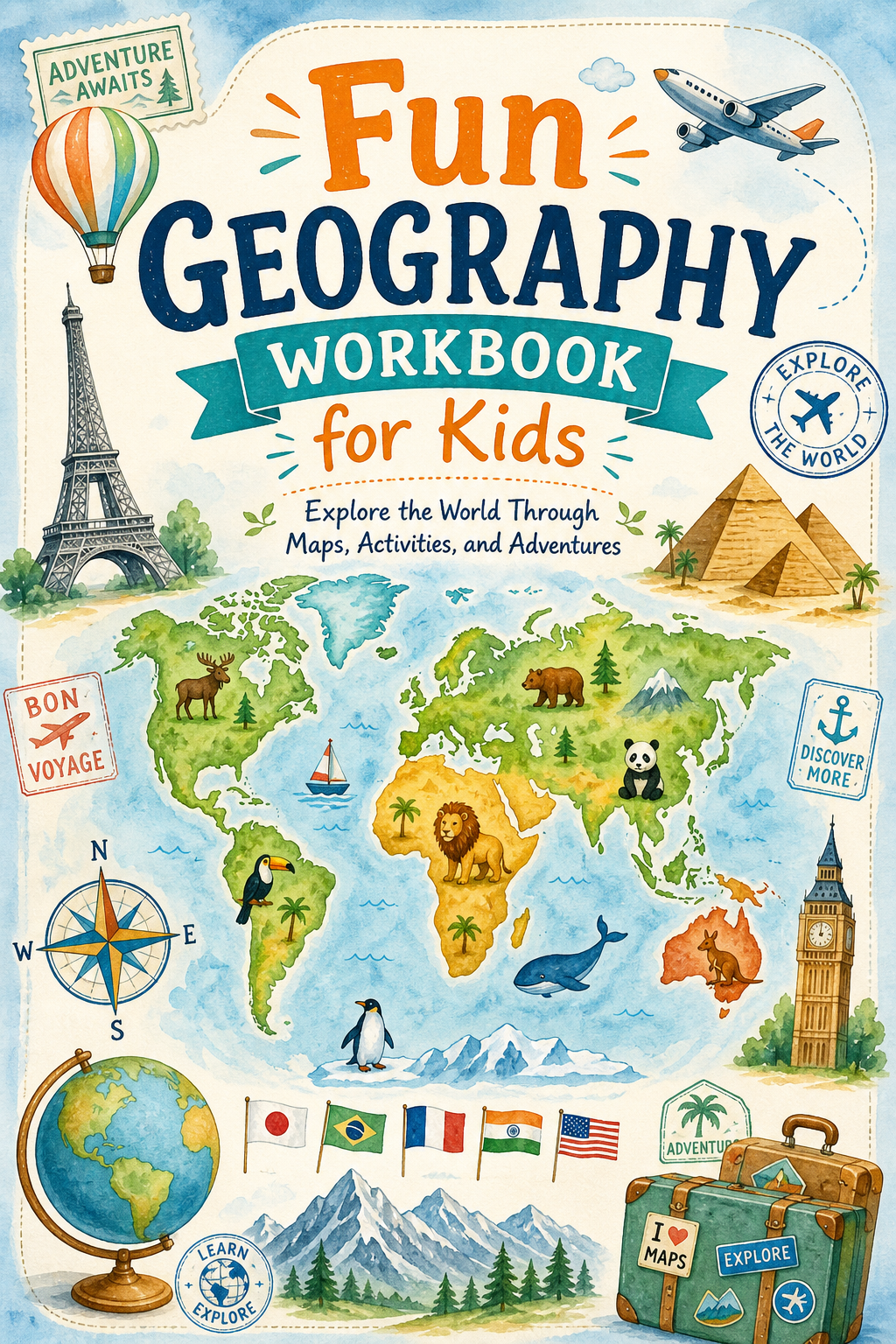 ✨ Printable Fun Geography Workbook Template – 44 World Adventure Pages ✨ Take young explorers on an exciting, screen-free journey around the globe! 🌍🧭