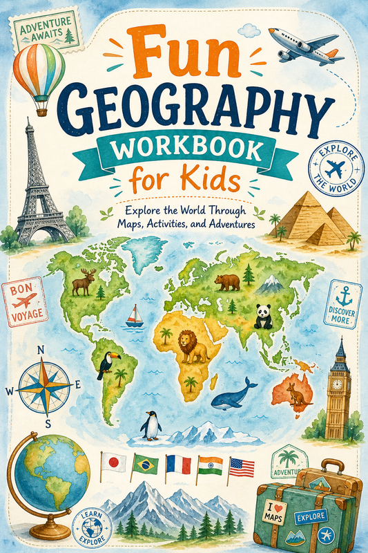 ✨ Printable Fun Geography Workbook Template – 44 World Adventure Pages ✨ Take young explorers on an exciting, screen-free journey around the globe! 🌍🧭