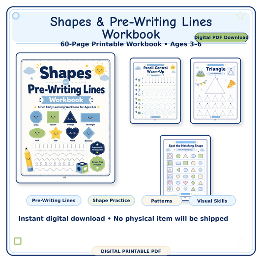 Shapes & Pre-Writing Lines Workbook | 60 Printable Tracing, Pencil Control & Shape Recognition Activities for Ages 3–6