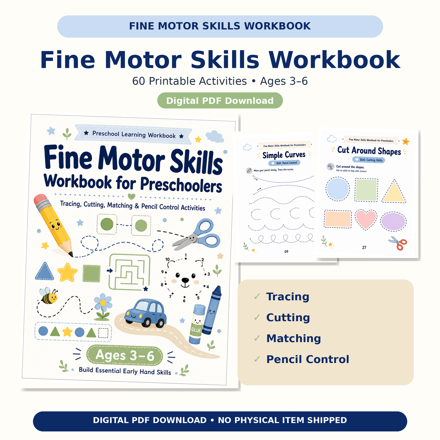 Fine Motor Skills Workbook for Preschoolers | 60 Printable Tracing, Cutting, Matching & Pencil Control Activities for Ages 3–6
