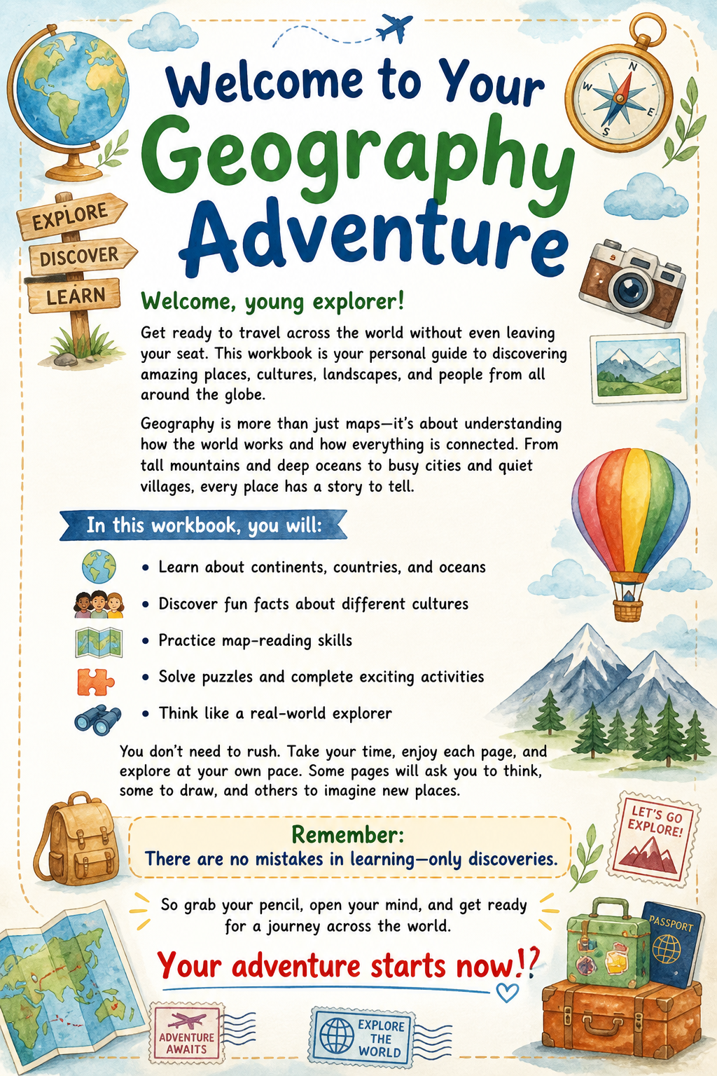 ✨ Printable Fun Geography Workbook Template – 44 World Adventure Pages ✨ Take young explorers on an exciting, screen-free journey around the globe! 🌍🧭