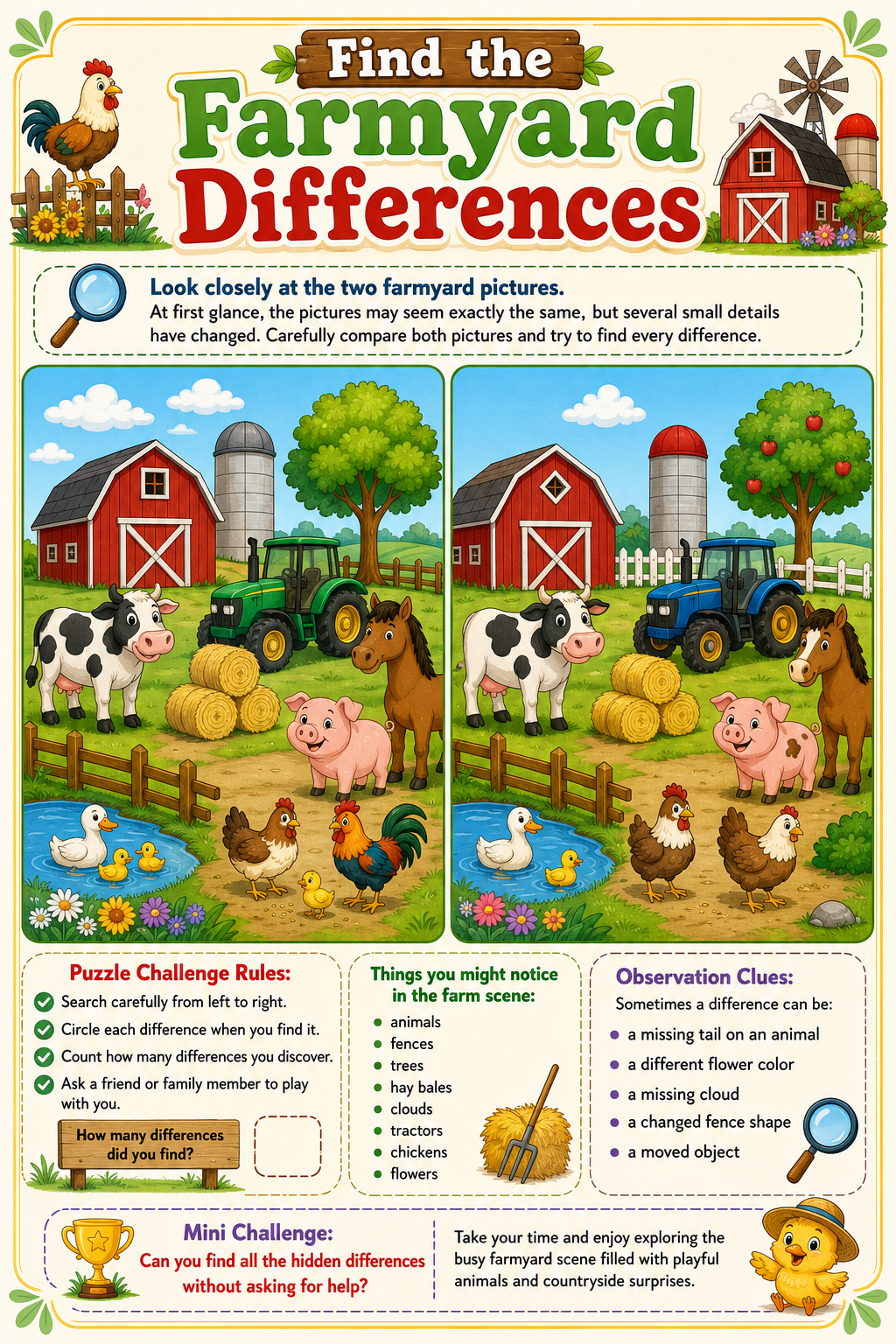 ✨ Printable Spot the Difference Activity Book Template – 31 Observation Puzzles ✨ Sharpen young minds, boost concentration, and unlock hours of screen-free puzzle fun! 👀✨