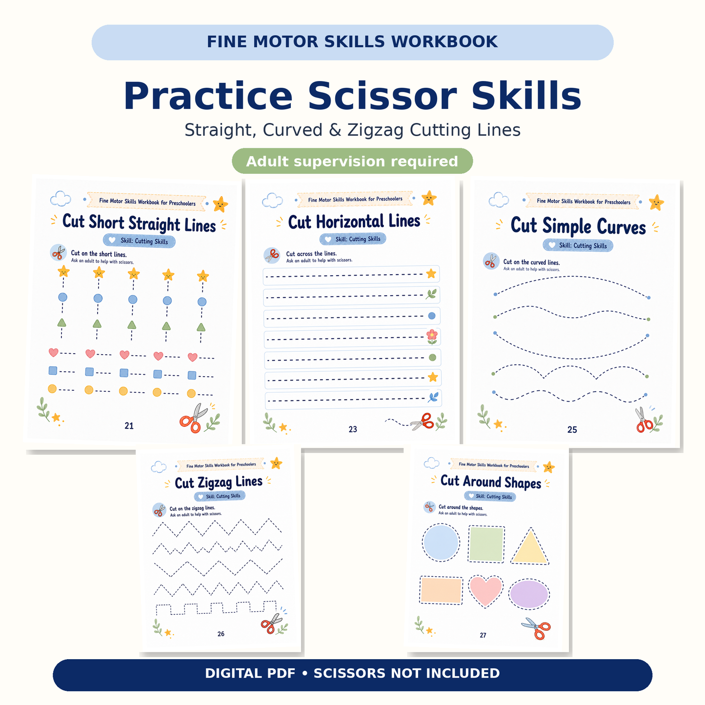 Fine Motor Skills Workbook for Preschoolers | 60 Printable Tracing, Cutting, Matching & Pencil Control Activities for Ages 3–6