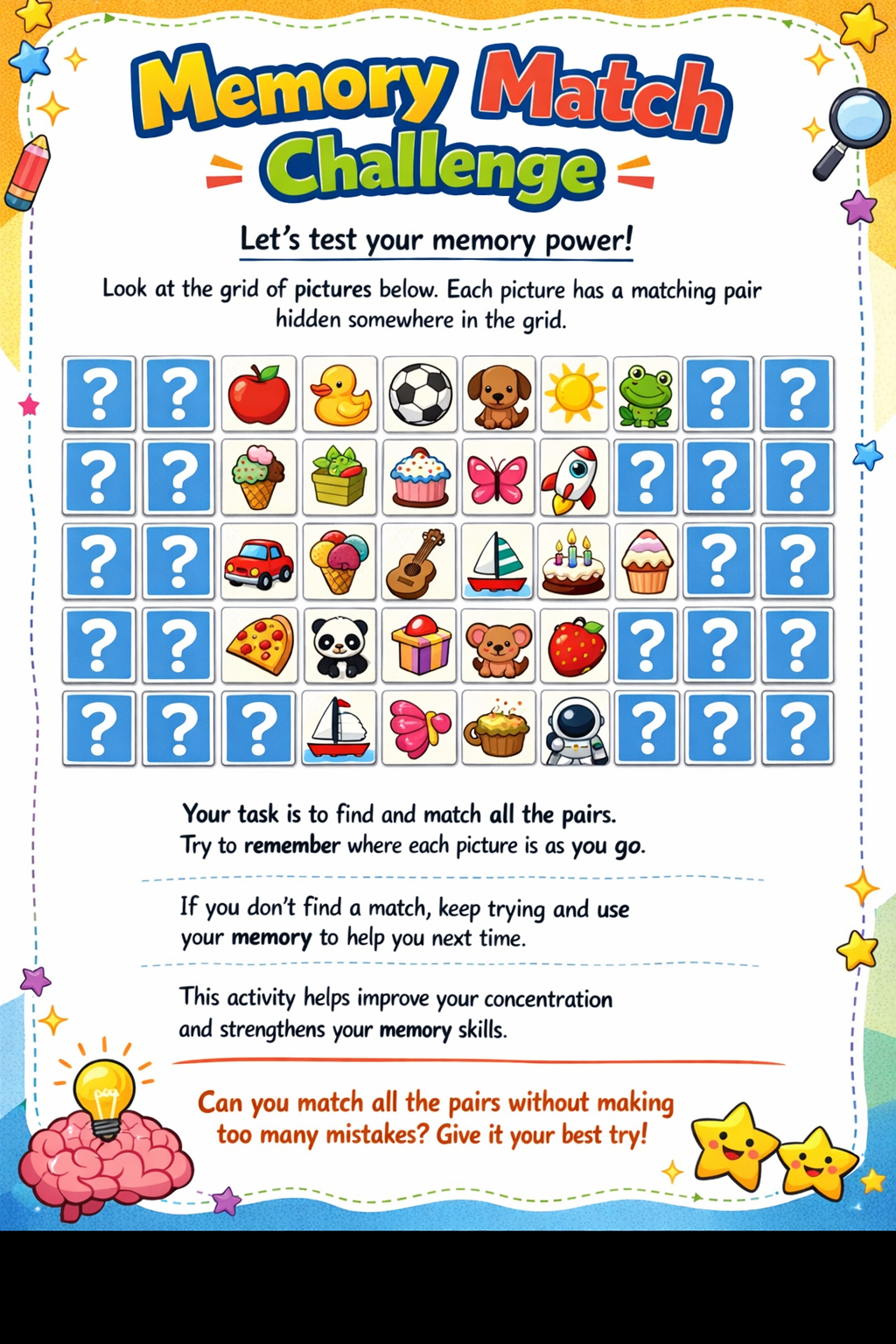 ✨ Printable Kids Brain Boost Activity Book Template – 30 Cognitive Puzzles ✨