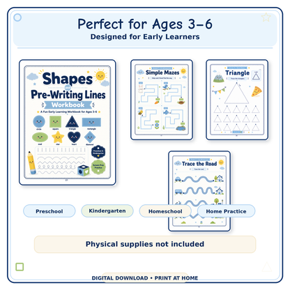 Shapes & Pre-Writing Lines Workbook | 60 Printable Tracing, Pencil Control & Shape Recognition Activities for Ages 3–6