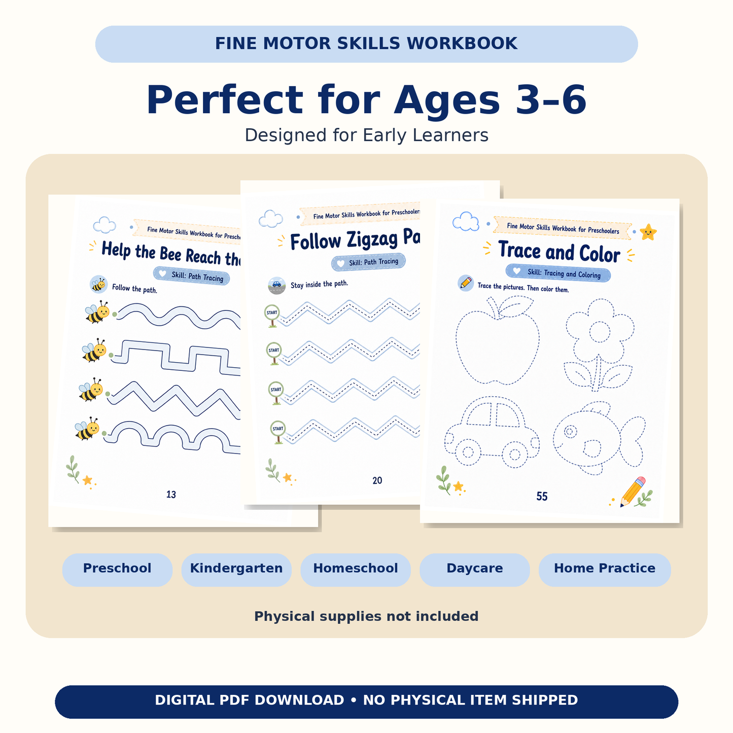 Fine Motor Skills Workbook for Preschoolers | 60 Printable Tracing, Cutting, Matching & Pencil Control Activities for Ages 3–6