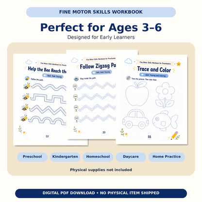 Fine Motor Skills Workbook for Preschoolers | 60 Printable Tracing, Cutting, Matching & Pencil Control Activities for Ages 3–6