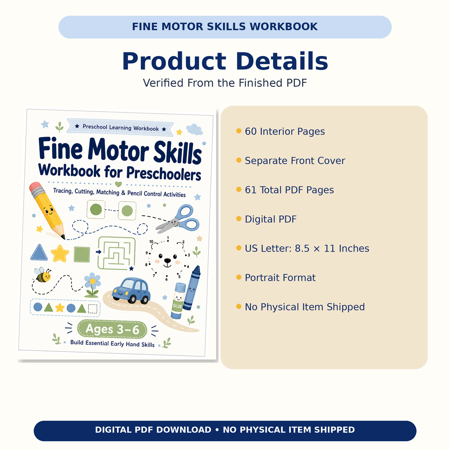 Fine Motor Skills Workbook for Preschoolers | 60 Printable Tracing, Cutting, Matching & Pencil Control Activities for Ages 3–6