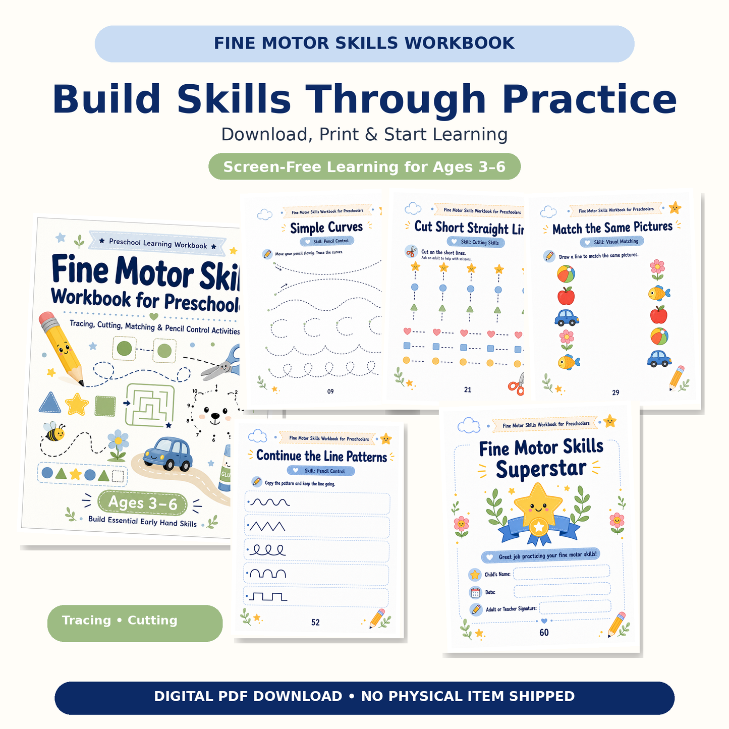 Fine Motor Skills Workbook for Preschoolers | 60 Printable Tracing, Cutting, Matching & Pencil Control Activities for Ages 3–6