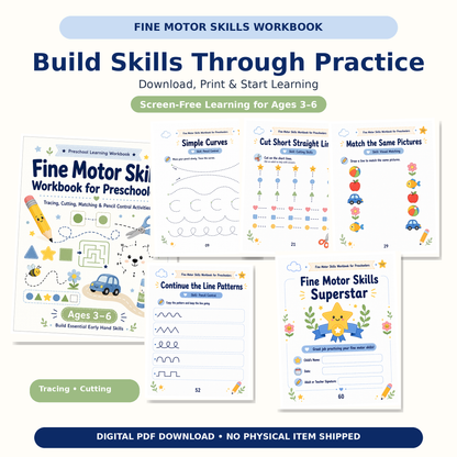 Fine Motor Skills Workbook for Preschoolers | 60 Printable Tracing, Cutting, Matching & Pencil Control Activities for Ages 3–6