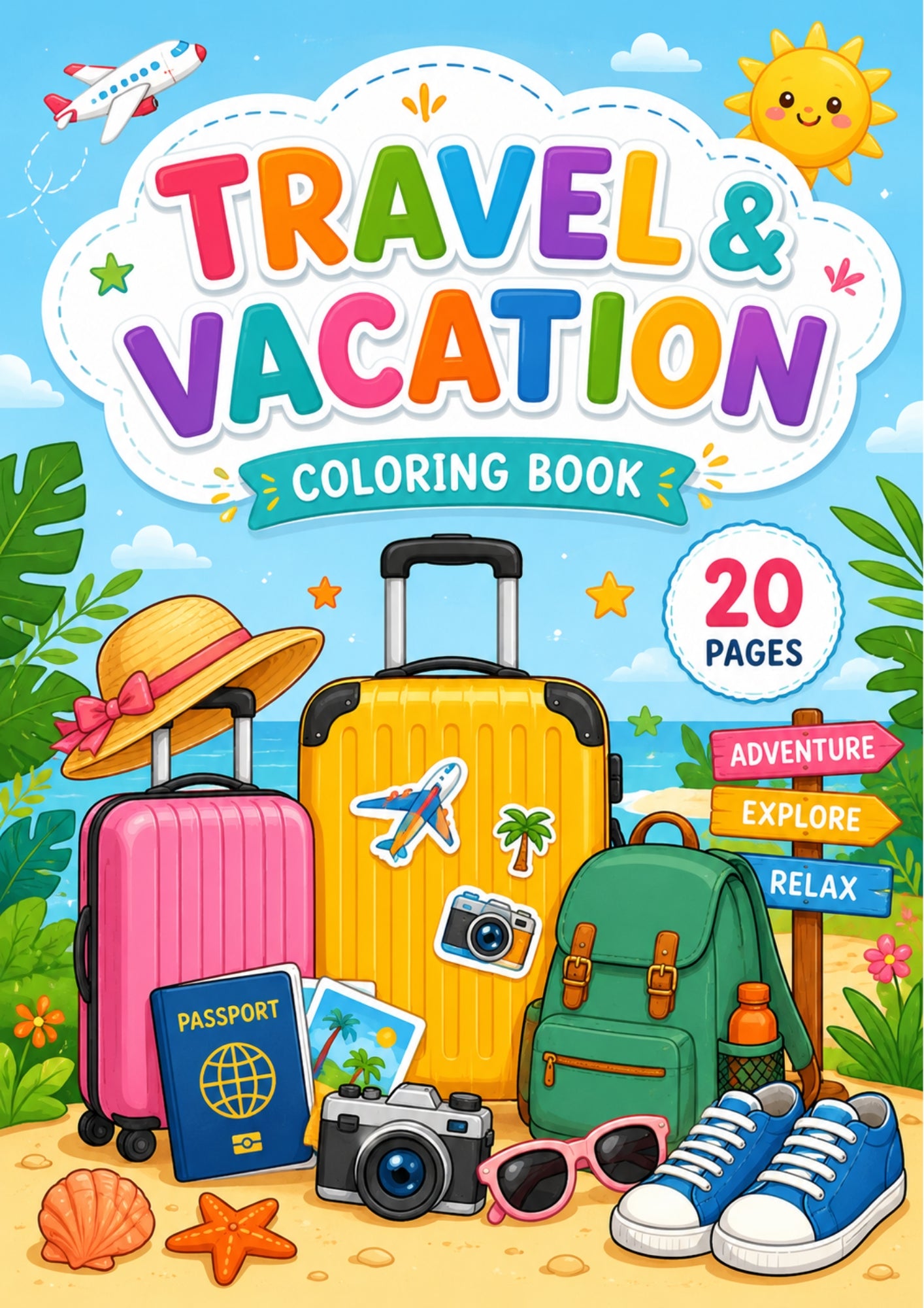 ✨ Printable Travel & Vacation Coloring Book Template – 22 Bold & Easy Exploration Pages ✨