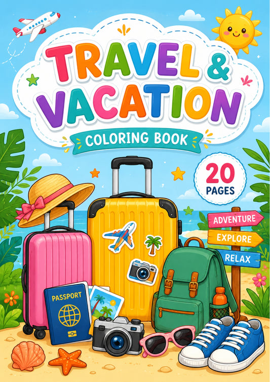 ✨ Printable Travel & Vacation Coloring Book Template – 22 Bold & Easy Exploration Pages ✨