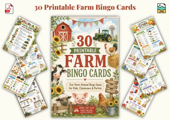 ✨ Printable Farm Bingo Cards Template – 31 Unique Classroom & Party Games ✨ Bring the joy of the countryside to life with a fun, interactive, and screen-free group game! 🌾🚜