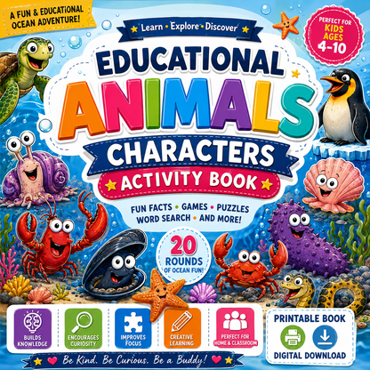 Worksheets – Educational Character Activity Book | 20 Printable Activity Pages for Kids