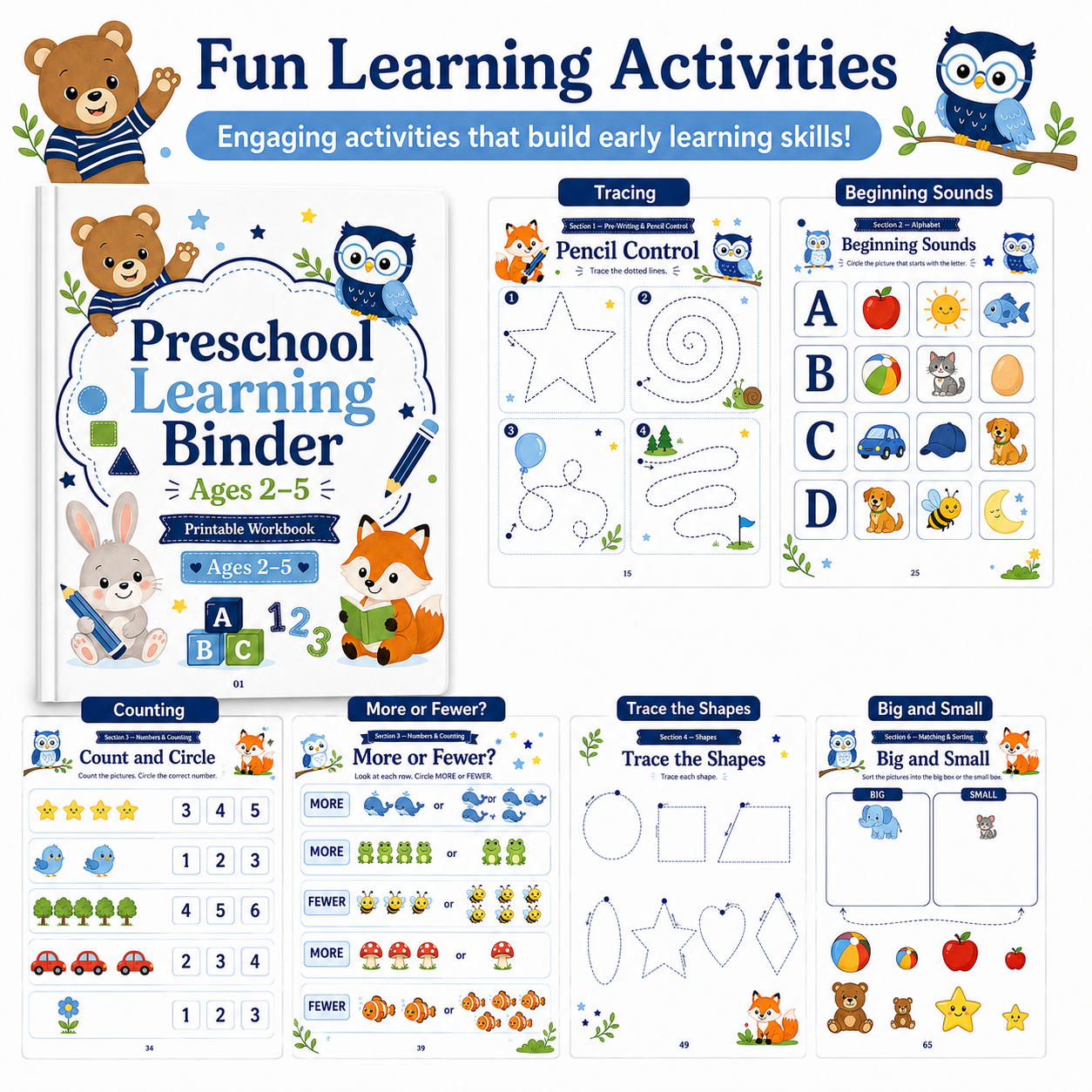 Preschool Learning Binder Ages 2–5 | 80 Printable Toddler Activities, ABC Tracing, Numbers, Shapes, Matching & Fine Motor Skills