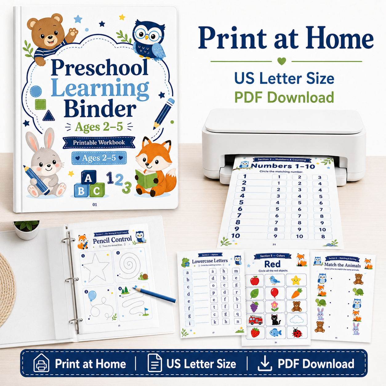 Preschool Learning Binder Ages 2–5 | 80 Printable Toddler Activities, ABC Tracing, Numbers, Shapes, Matching & Fine Motor Skills