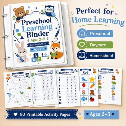Preschool Learning Binder Ages 2–5 | 80 Printable Toddler Activities, ABC Tracing, Numbers, Shapes, Matching & Fine Motor Skills