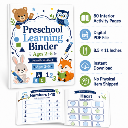 Preschool Learning Binder Ages 2–5 | 80 Printable Toddler Activities, ABC Tracing, Numbers, Shapes, Matching & Fine Motor Skills