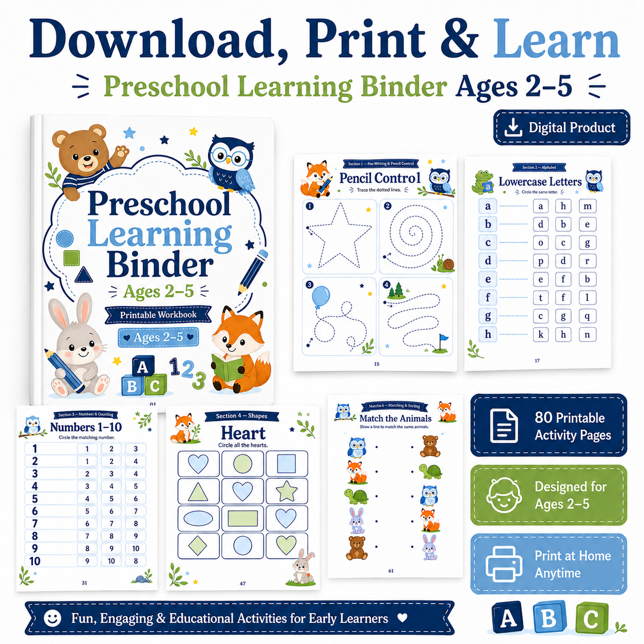Preschool Learning Binder Ages 2–5 | 80 Printable Toddler Activities, ABC Tracing, Numbers, Shapes, Matching & Fine Motor Skills