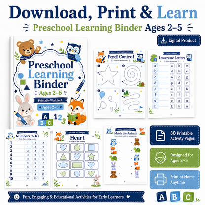 Preschool Learning Binder Ages 2–5 | 80 Printable Toddler Activities, ABC Tracing, Numbers, Shapes, Matching & Fine Motor Skills