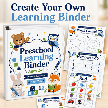 Preschool Learning Binder Ages 2–5 | 80 Printable Toddler Activities, ABC Tracing, Numbers, Shapes, Matching & Fine Motor Skills