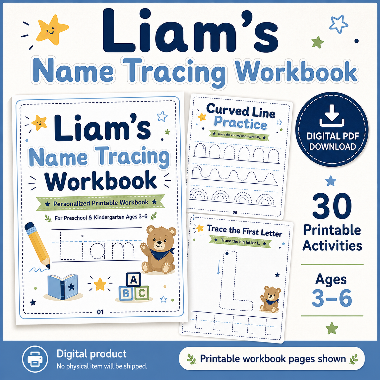 Liam’s Name Tracing Workbook | 30 Printable Handwriting Activities for Preschool & Kindergarten Ages 3–6