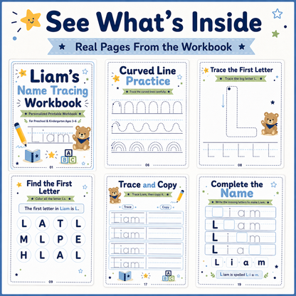 Liam’s Name Tracing Workbook | 30 Printable Handwriting Activities for Preschool & Kindergarten Ages 3–6