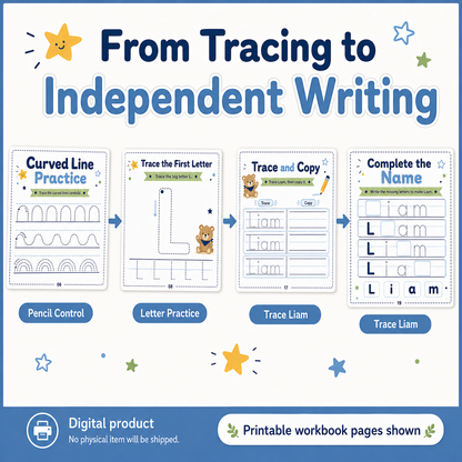 Liam’s Name Tracing Workbook | 30 Printable Handwriting Activities for Preschool & Kindergarten Ages 3–6