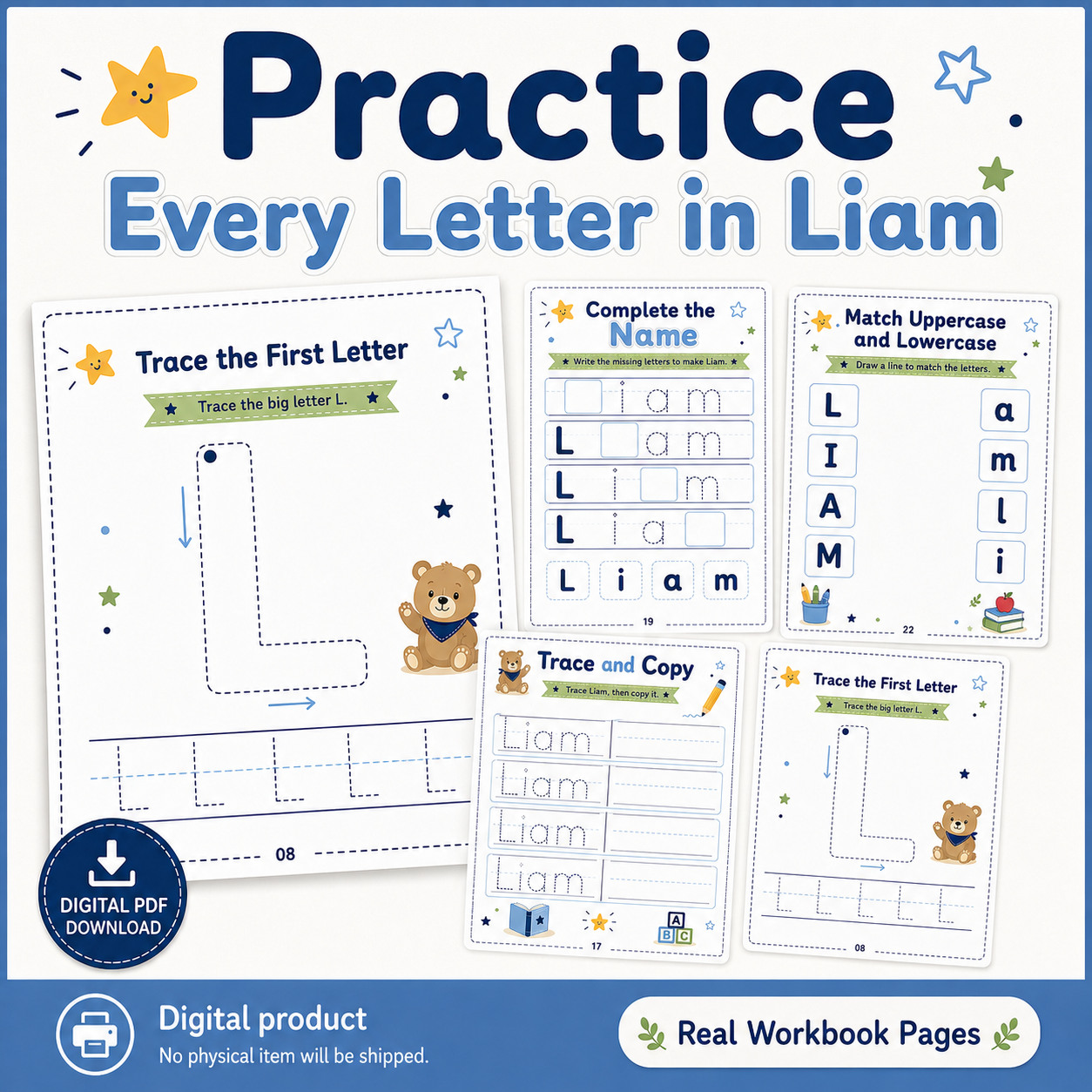 Liam’s Name Tracing Workbook | 30 Printable Handwriting Activities for Preschool & Kindergarten Ages 3–6