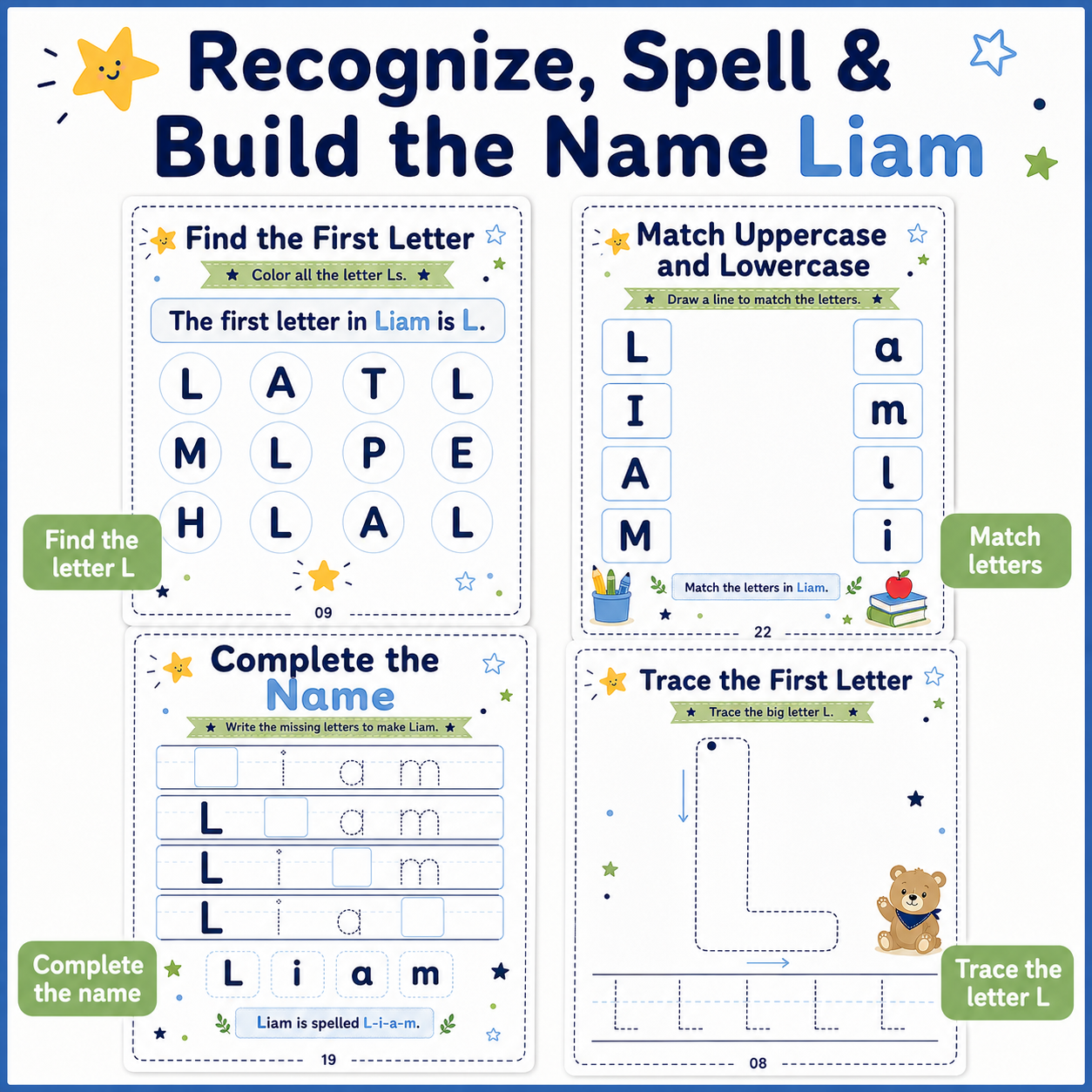 Liam’s Name Tracing Workbook | 30 Printable Handwriting Activities for Preschool & Kindergarten Ages 3–6
