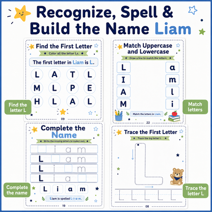 Liam’s Name Tracing Workbook | 30 Printable Handwriting Activities for Preschool & Kindergarten Ages 3–6