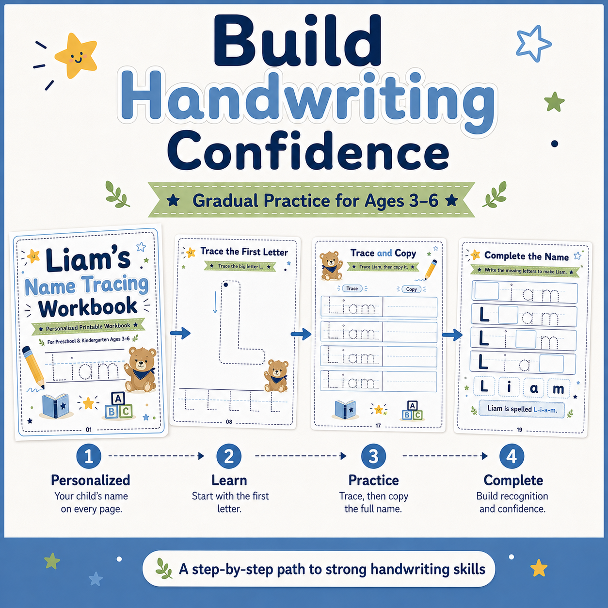 Liam’s Name Tracing Workbook | 30 Printable Handwriting Activities for Preschool & Kindergarten Ages 3–6