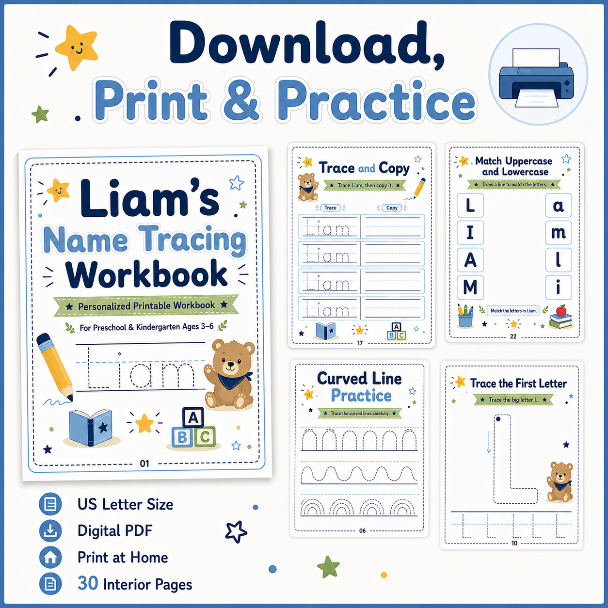 Liam’s Name Tracing Workbook | 30 Printable Handwriting Activities for Preschool & Kindergarten Ages 3–6
