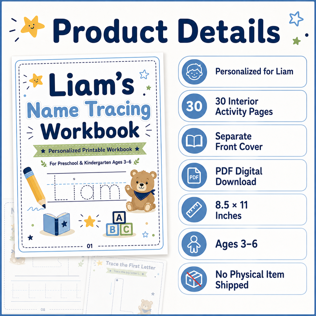 Liam’s Name Tracing Workbook | 30 Printable Handwriting Activities for Preschool & Kindergarten Ages 3–6