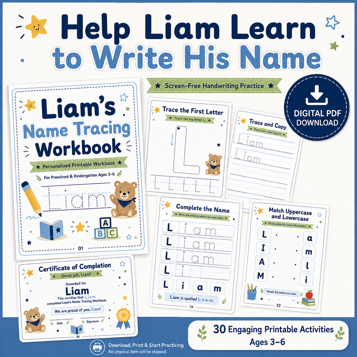Liam’s Name Tracing Workbook | 30 Printable Handwriting Activities for Preschool & Kindergarten Ages 3–6