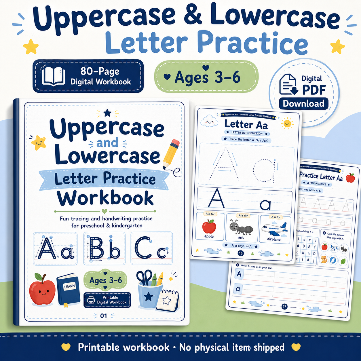 Uppercase & Lowercase Letter Practice Workbook | 80 Printable Alphabet Tracing, Matching & Handwriting Activities for Ages 3–6