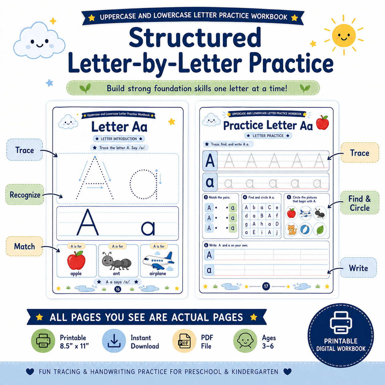Uppercase & Lowercase Letter Practice Workbook | 80 Printable Alphabet Tracing, Matching & Handwriting Activities for Ages 3–6