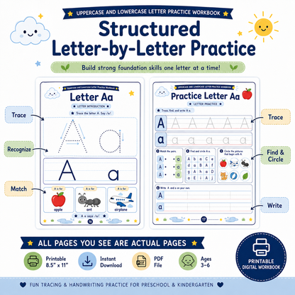 Uppercase & Lowercase Letter Practice Workbook | 80 Printable Alphabet Tracing, Matching & Handwriting Activities for Ages 3–6