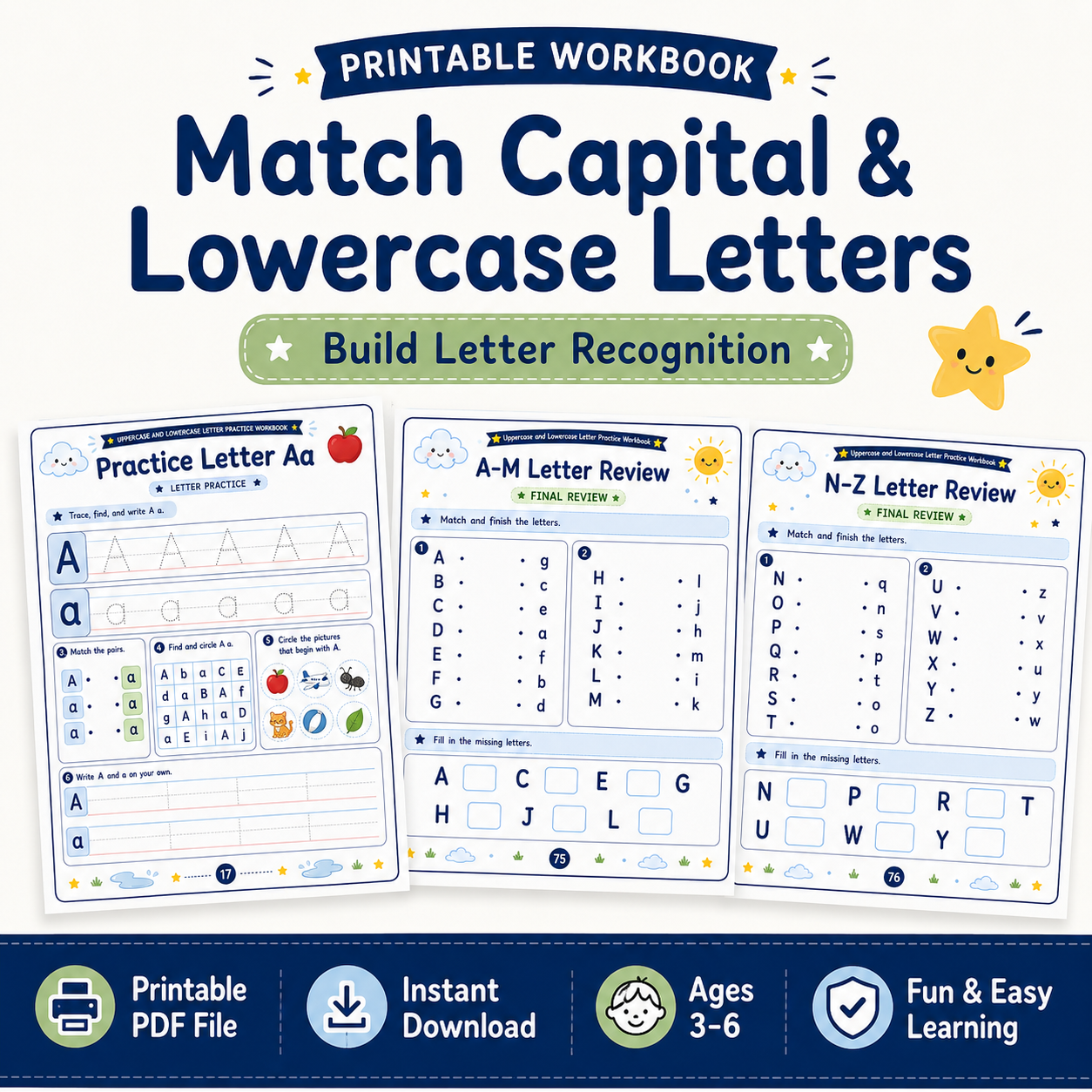 Uppercase & Lowercase Letter Practice Workbook | 80 Printable Alphabet Tracing, Matching & Handwriting Activities for Ages 3–6
