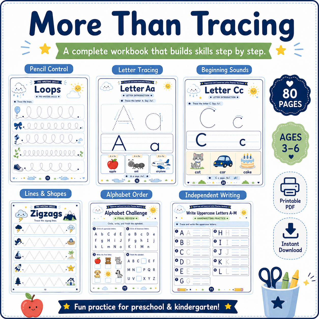Uppercase & Lowercase Letter Practice Workbook | 80 Printable Alphabet Tracing, Matching & Handwriting Activities for Ages 3–6
