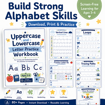 Uppercase & Lowercase Letter Practice Workbook | 80 Printable Alphabet Tracing, Matching & Handwriting Activities for Ages 3–6