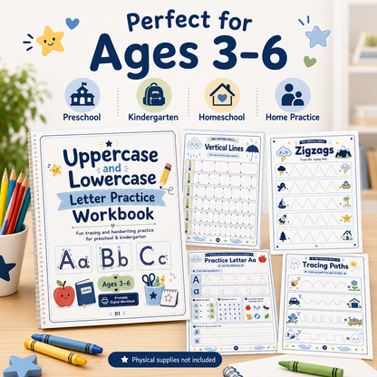 Uppercase & Lowercase Letter Practice Workbook | 80 Printable Alphabet Tracing, Matching & Handwriting Activities for Ages 3–6